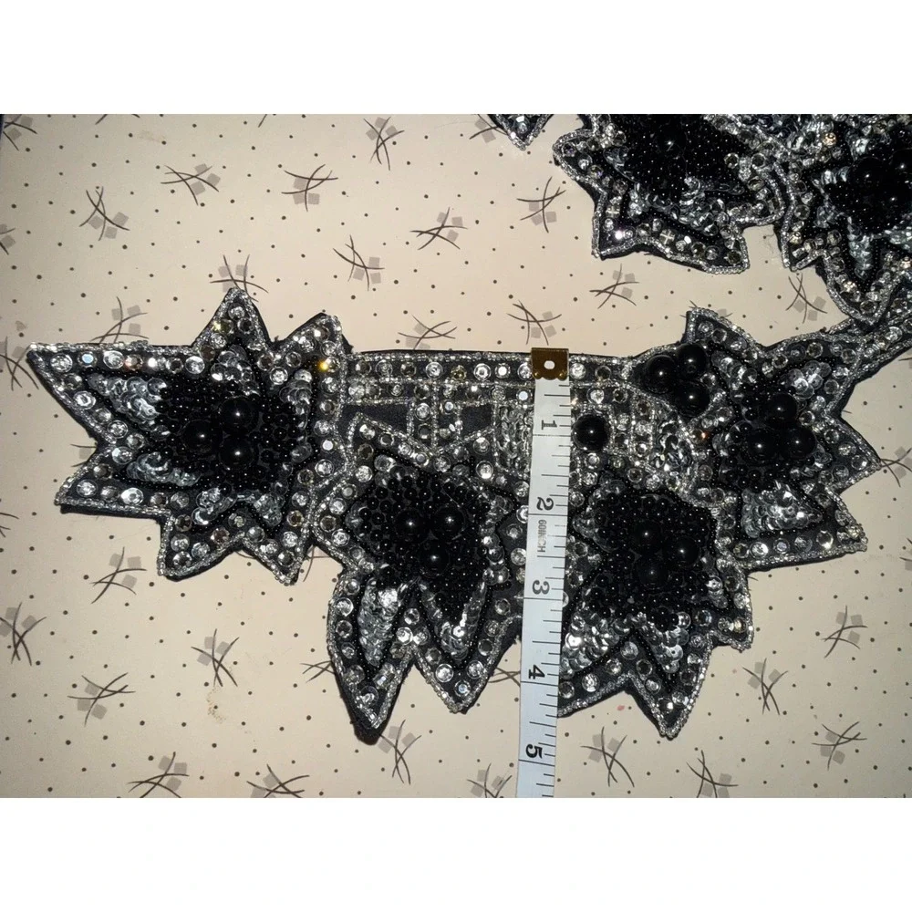 Vintage Black Silver Beaded‎ Sequin Floral Applique Patch Set Rhinestone 2 Piece